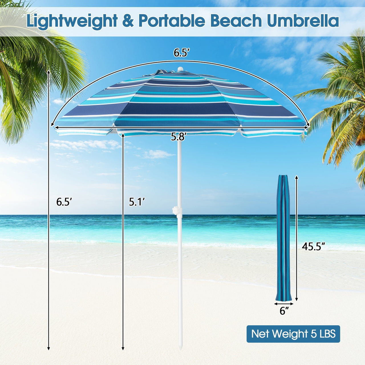 6.5 Feet Patio Beach Umbrella with Waterproof Polyester Fabric