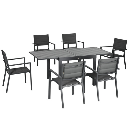 7 Pieces Patio Dining Set for 6, Aluminum Expandable Outdoor Table, Stackable High Back Chair, Mesh Fabric Seats, Dark Gray - Gallery Canada