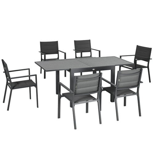 7 Pieces Patio Dining Set for 6, Aluminum Expandable Outdoor Table, Stackable High Back Chair, Mesh Fabric Seats, Dark Gray