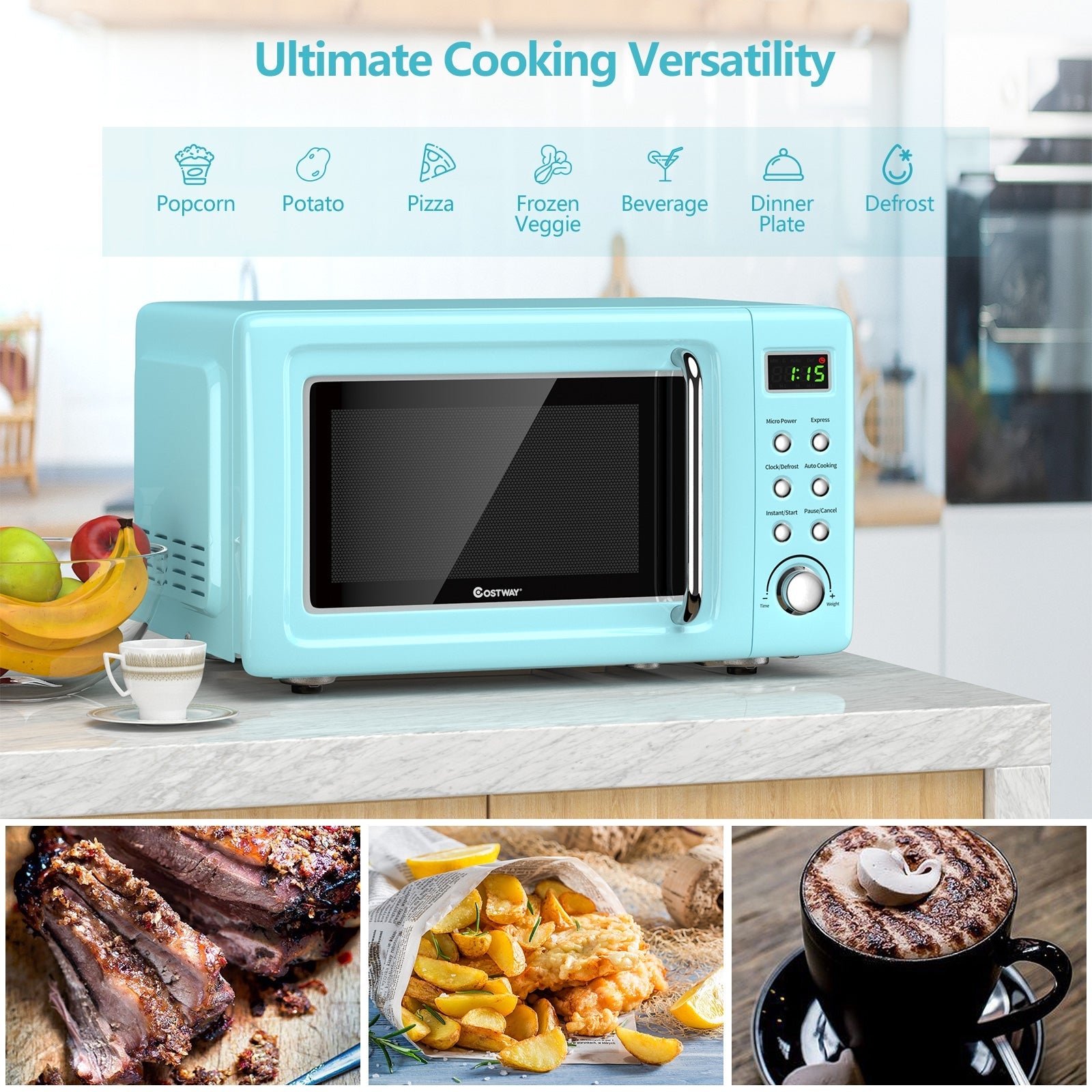 700W Retro Countertop Microwave Oven with 5 Micro Power and Auto Cooking Function at Gallery Canada
