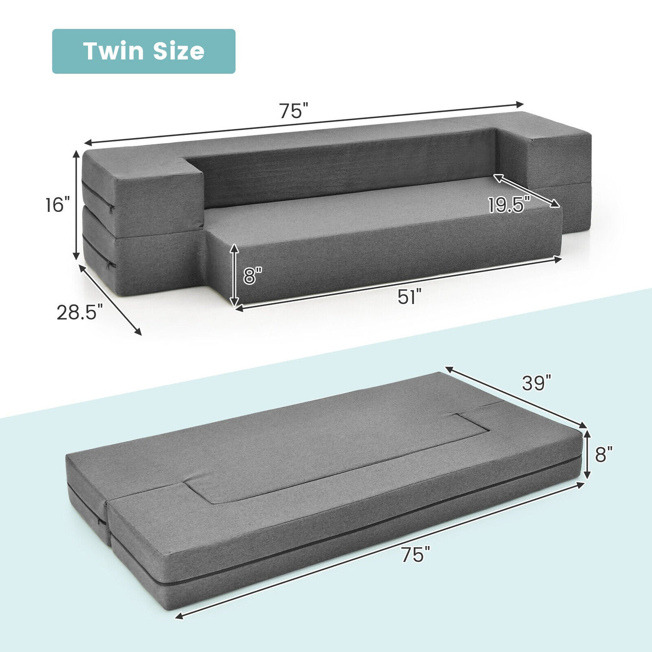 8 Inch Convertible Folding Sofa Bed with Washable Cover