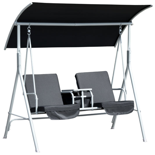 Double Outdoor Swing Chair 2 Person Covered Swing Porch Swing w/ Pivot Table and Storage Console, Black at Gallery Canada