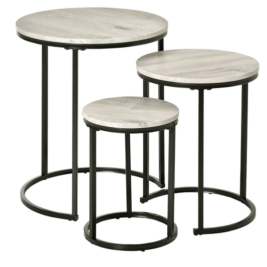 Nesting Tables Set of 3, Round Coffee Table, Modern Stacking Side Tables with Wood Grain Steel Frame for Living Room, Grey - Gallery Canada