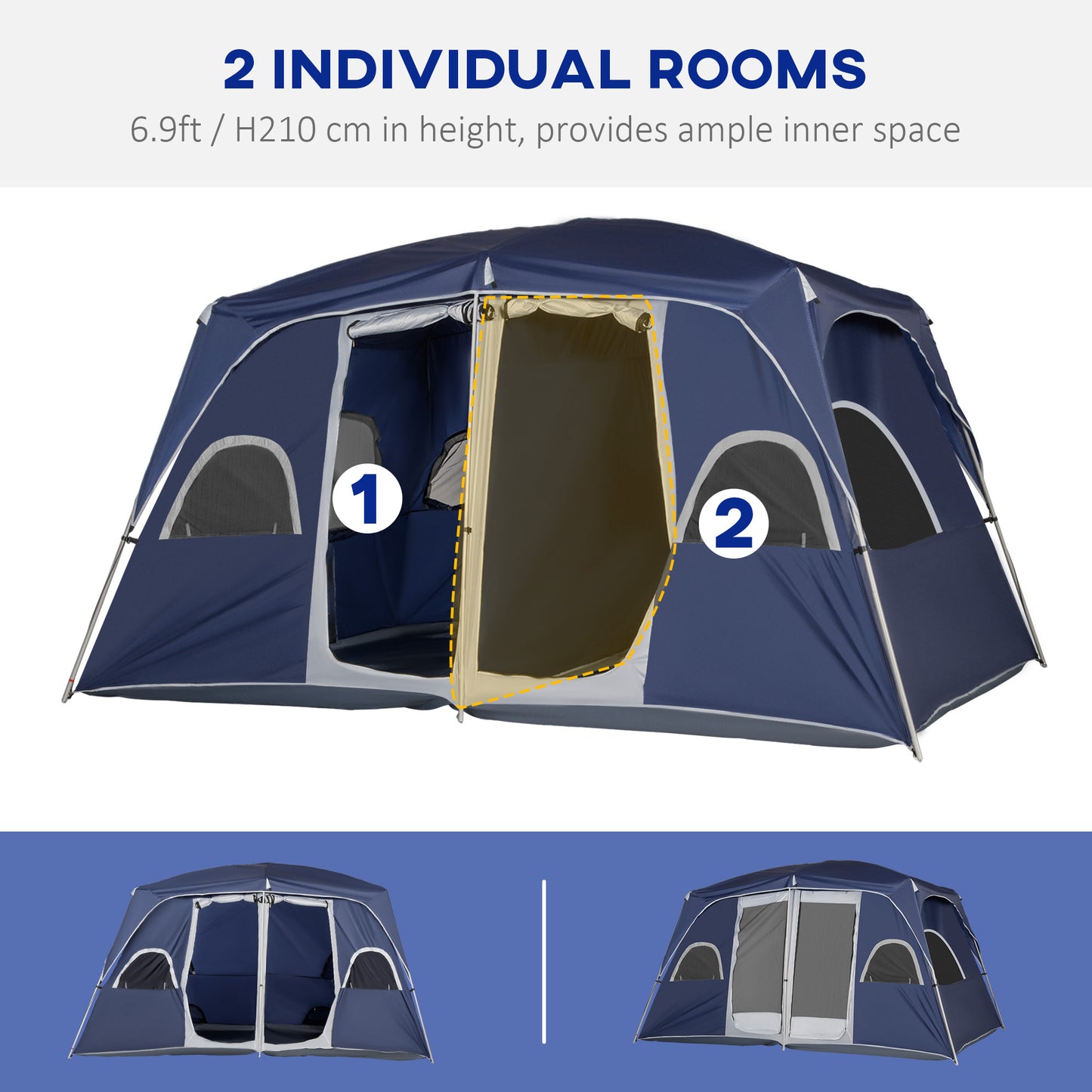 Camping Tent, Family Tent 4-8 Person 2 Room, with Large Mesh Windows, Easy Set Up for Backpacking Hiking Outdoor 13' x 9' x 7', Blue - Gallery Canada