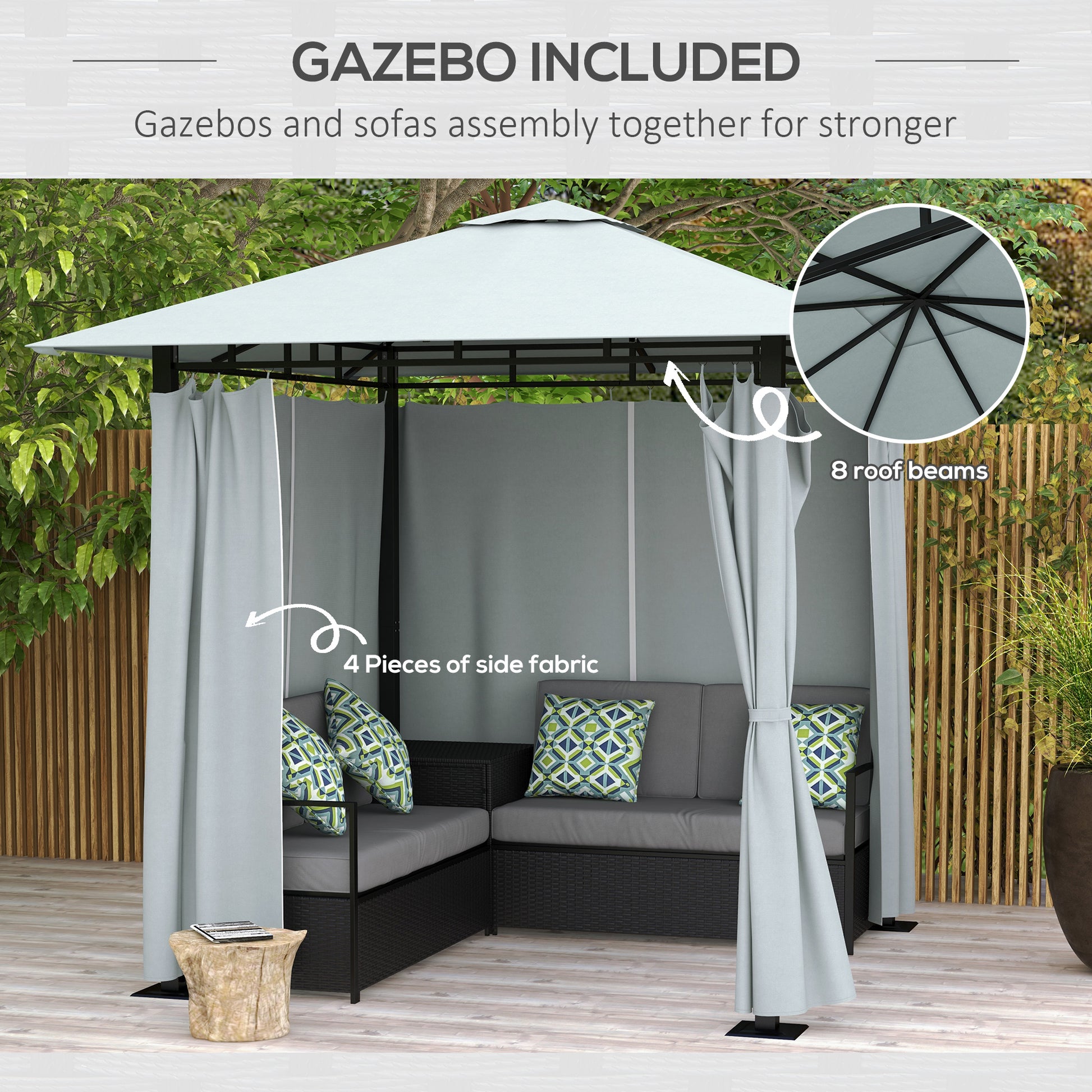 Patio Furniture Set with Gazebo, Outdoor PE Rattan Wicker Conversation Sofa with Storage Corner Table, Cushion, for Backyard, Porch, Poolside, Balcony, Grey - Gallery Canada