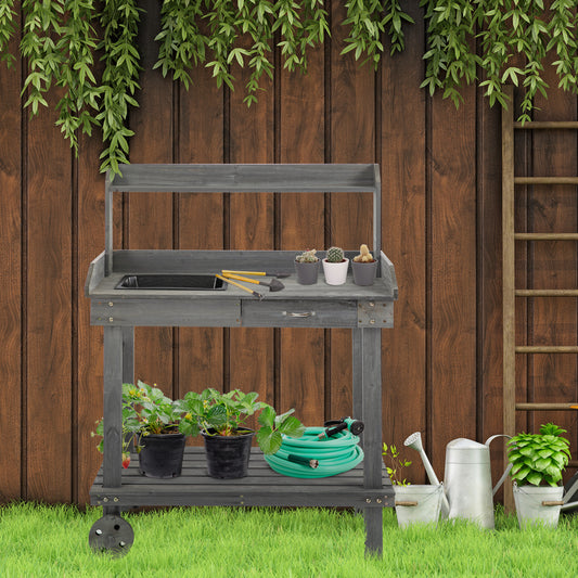 36" Wooden Potting Bench Work Table with 2 Removable Wheels, Sink, Drawer &; Large Storage Spaces, Gray - Gallery Canada