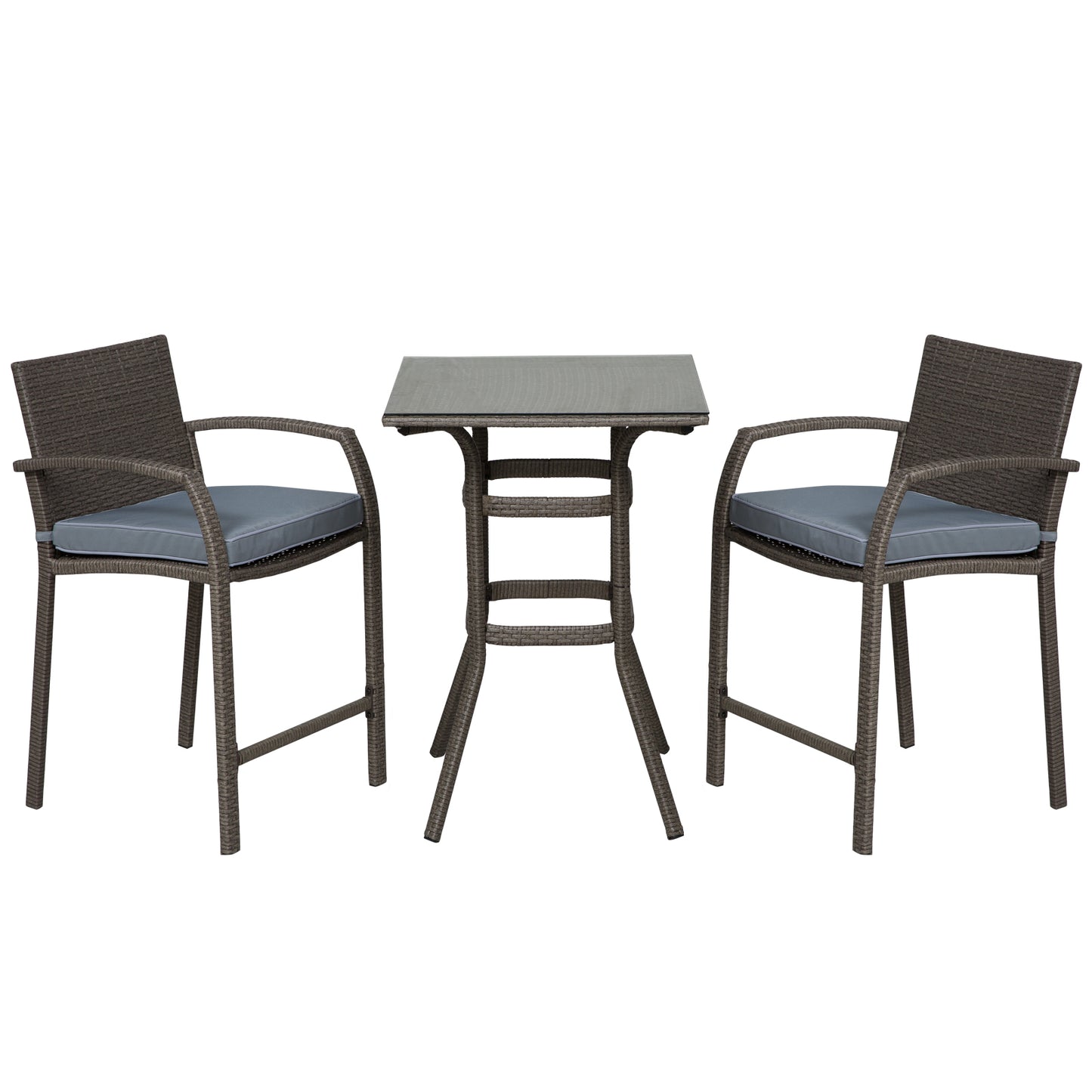 3 Pieces Patio Bar Set Wicker Garden Bistro Set Outdoor Furniture PE Rattan Table and Stools with Seat Cushion, Grey - Gallery Canada