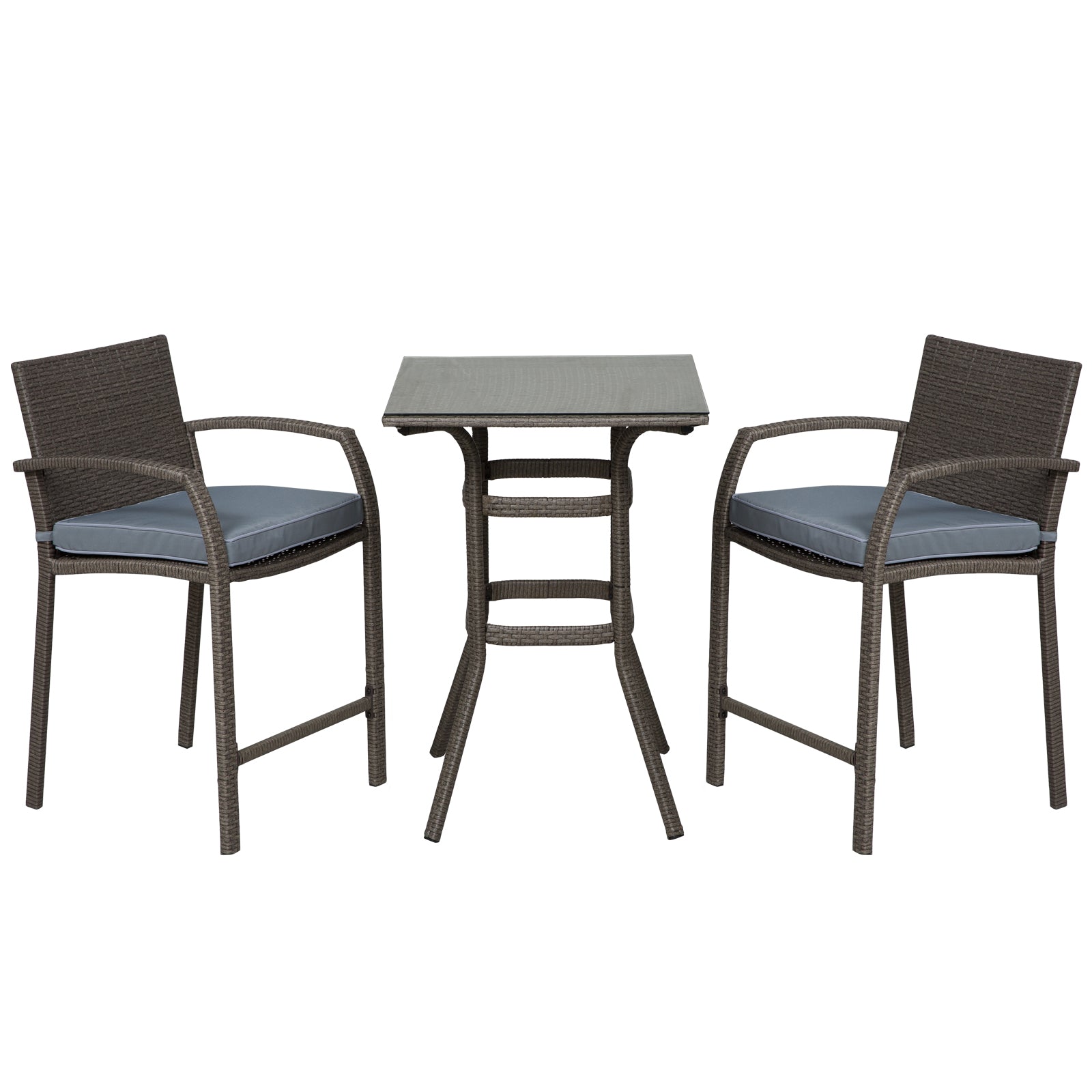 3 Pieces Patio Bar Set Wicker Garden Bistro Set Outdoor Furniture PE Rattan Table and Stools with Seat Cushion, Grey - Gallery Canada