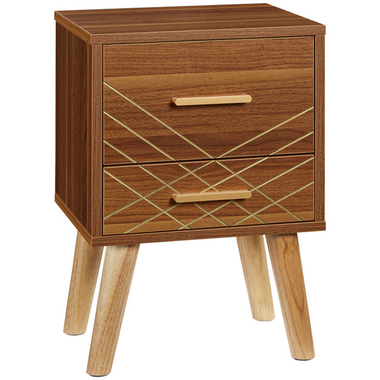 Scandinavian Bedside Table, Side End Table with 2 Drawers and Wood Legs, 13.8" x 12.6" x 20.3", Brown at Gallery Canada