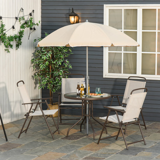 6 Pieces Outdoor Dining Set for 4 with Umbrella Patio Outdoor Furniture Set with Round Table 4 Folding Chairs Cream - Gallery Canada