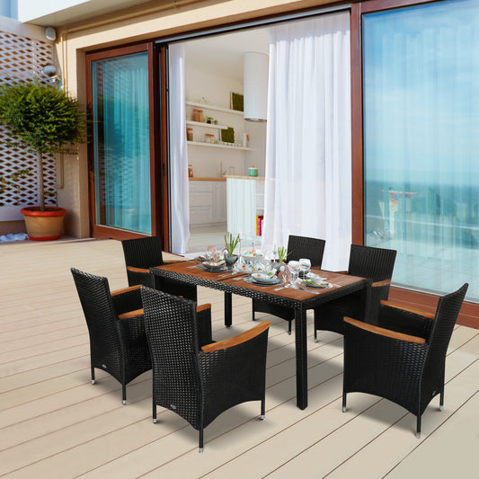 7 Piece Patio Furniture set, Patio Wicker Dining Set, with Acacia Wood Table Top, Soft Cushion, Black - Gallery Canada
