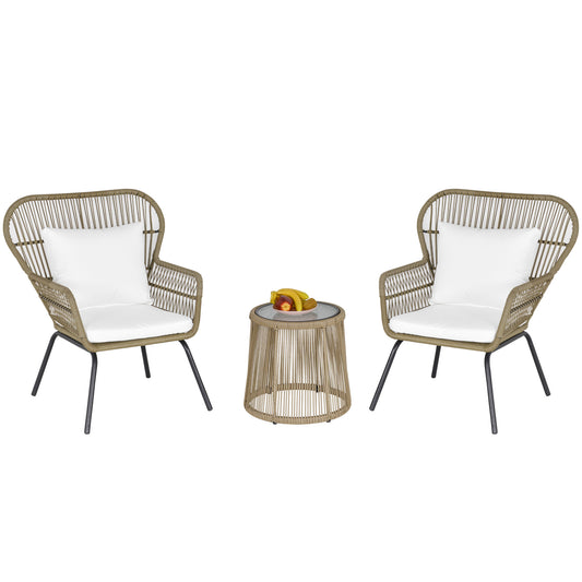 3 Pieces Outdoor Patio Bistro Set, Wicker Rattan Furniture 2 Chairs 1 Coffee Table with Metal Legs for Garden, Backyard, Deck, Coffee and White at Gallery Canada