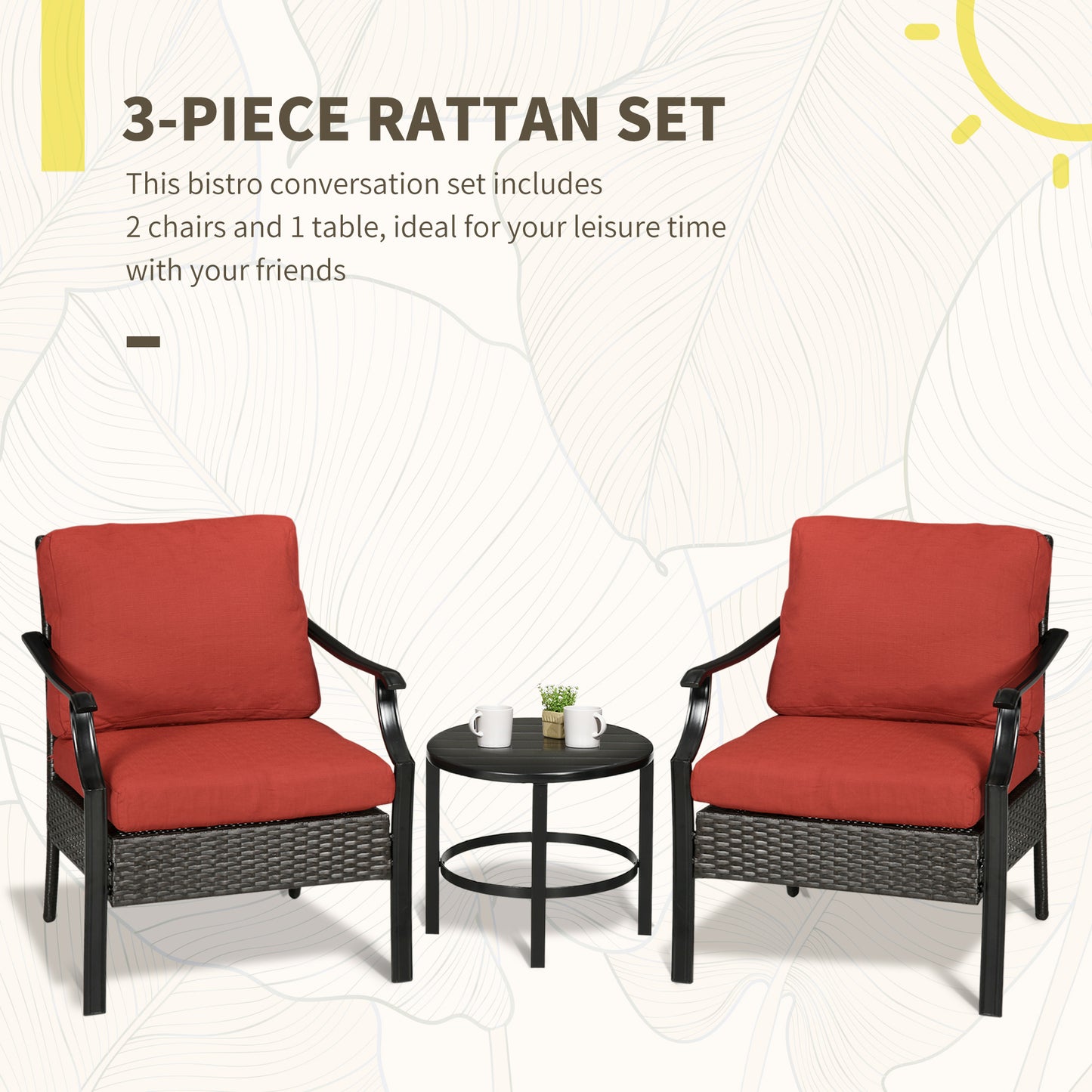 3 Pieces Patio Wicker Bistro Set, Outdoor PE Rattan Balcony Furniture with Soft Padded Cushions &; Iron Plate Top Table for Garden, Backyard, Red - Gallery Canada