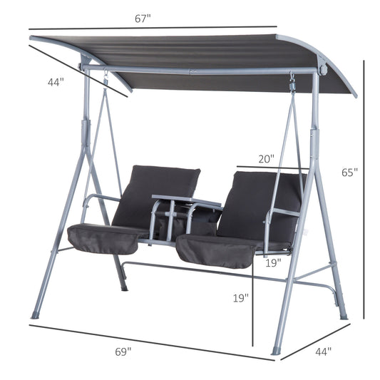 Double Outdoor Swing Chair 2 Person Covered Swing Porch Swing w/ Pivot Table &; Storage Console Grey at Gallery Canada