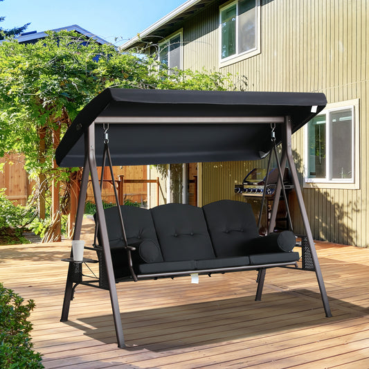 Outdoor Patio 3-Person Steel Canopy Cushioned Seat Bench Swing with Included Side Trays &; Padded Comfort, Black - Gallery Canada