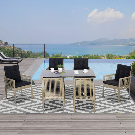 7 Pieces Patio Dining set, Outdoor Furniture Set, Wicker Armrests Chair and Tempered Glass Table Top, Black - Gallery Canada