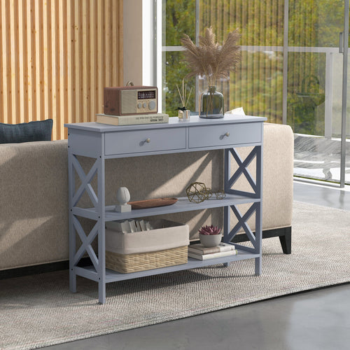 Console Table, Modern Entryway Table with 2 Drawers and 2 Shelves, Sofa Table for Living Room, Hallway, Grey