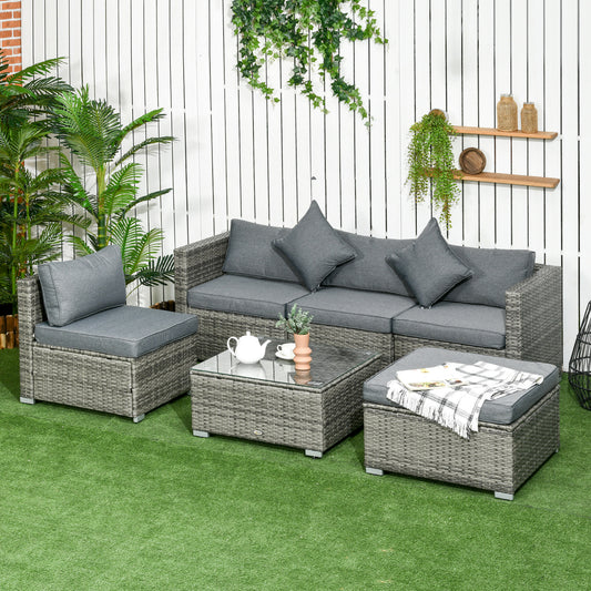 6 Pieces Outdoor PE Rattan Wicker Patio Furniture Sofa Set with Thick Cushions, Deluxe Garden Sectional Couch with Glass Top Table, Mixed Grey and Dark Grey - Gallery Canada