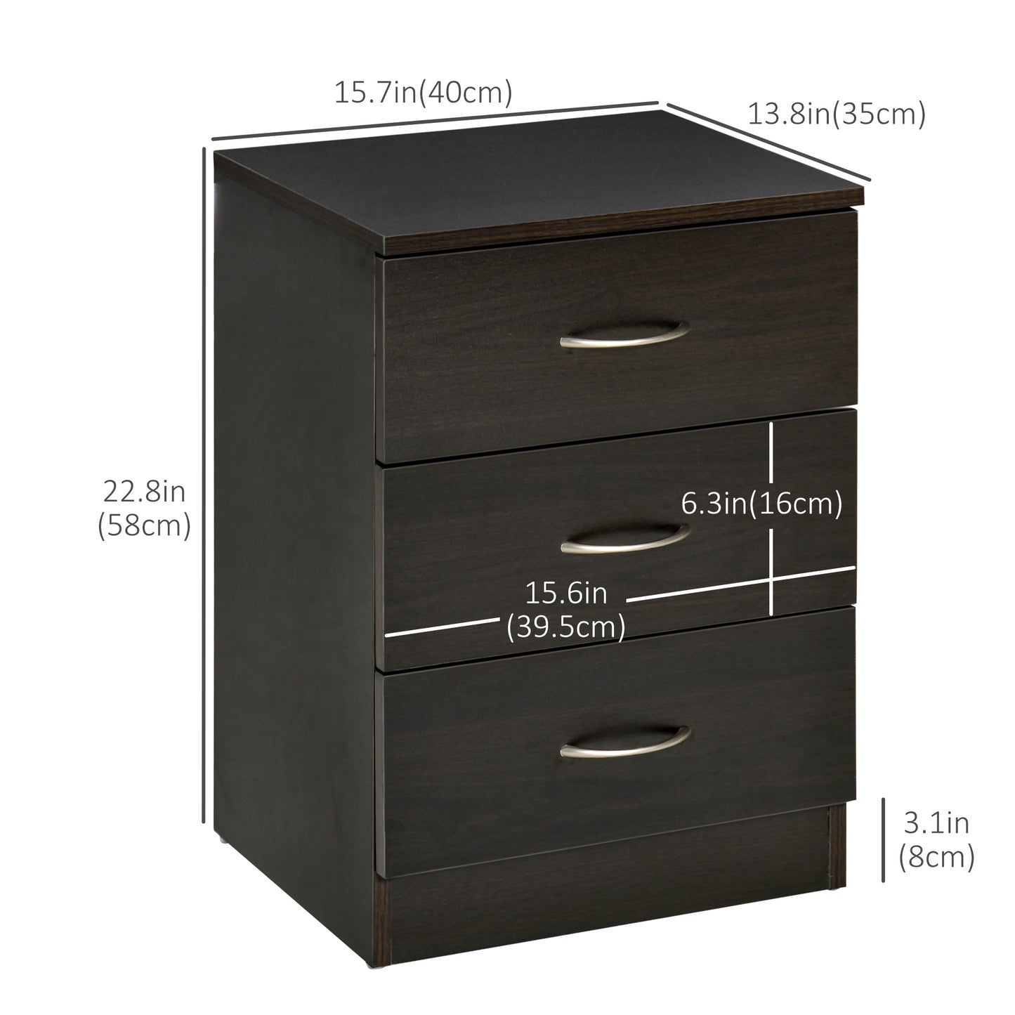 Bedside Table with 3 Drawers, Modern Wood Nightstand, Side Table with Anti-tipping Design for Bedroom, Set of 2, Dark Brown - Gallery Canada