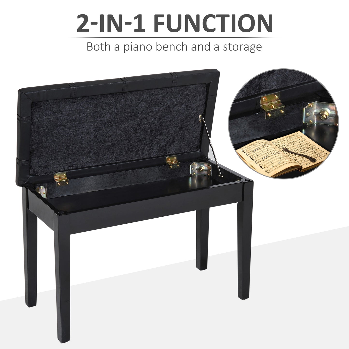 Duet Piano Storage Bench Two Person Professional Padded Keyboard Seat Birchwood with Traditional PU Leather Lift Top Black at Gallery Canada