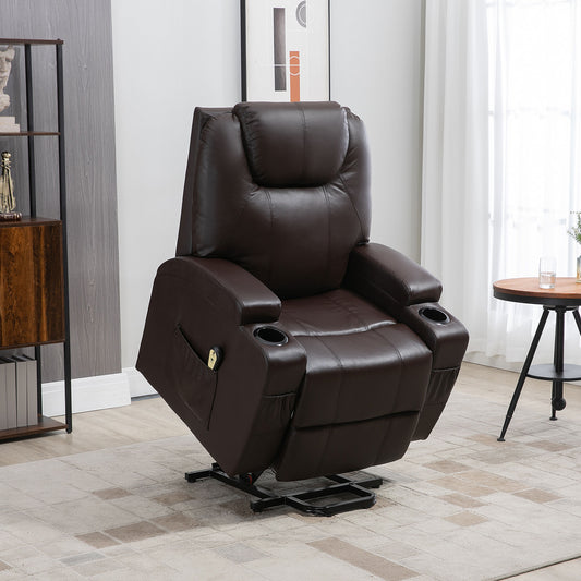 Power Lift Chair for Elderly, PU Leather Recliner Sofa Chair with Footrest, Remote Control, Side Pockets and Cup Holders, Brown - Gallery Canada