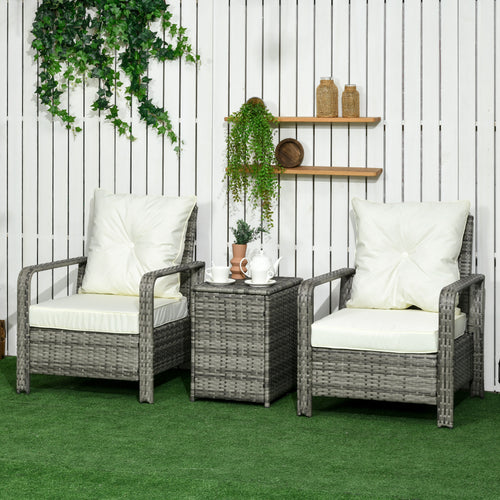 3 Pieces Patio Bistro Set with 2 Padded Chairs and 1 Storage Side Table, PE Rattan Garden Sofa Set with Removable Cushion Cover, Beige