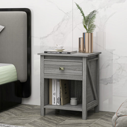 Bedside Table, Farmhouse Nightstand with with Drawer and Storage Shelf, Night Table for Bedroom, Grey