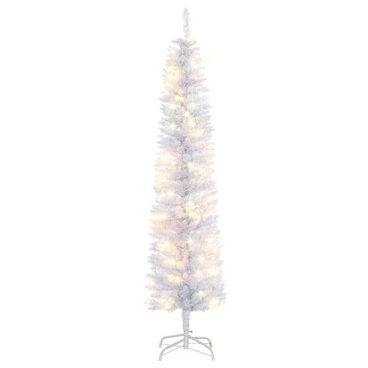 6ft Tall Prelit Pencil Artificial Christmas Tree, Holiday Décor with 395 Realistic Branches, 100 LED Lights, Foldable Metal Base, White - Gallery Canada
