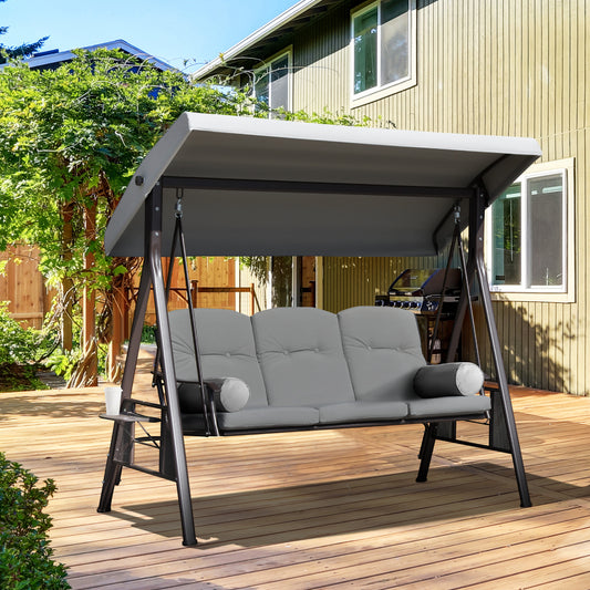 Outdoor Patio 3-Person Steel Canopy Cushioned Seat Bench Swing with Included Side Trays &; Padded Comfort, Light Grey - Gallery Canada