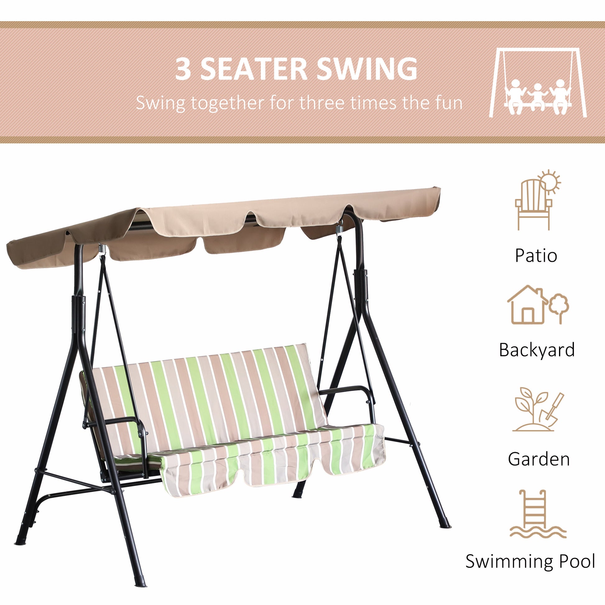 3-Seat Patio Swing Chair, Outdoor Porch Swing Glider with Adjustable Canopy, Removable Cushion, and Weather Resistant Steel Frame, for Garden, Poolside, Green Stripes - Gallery Canada