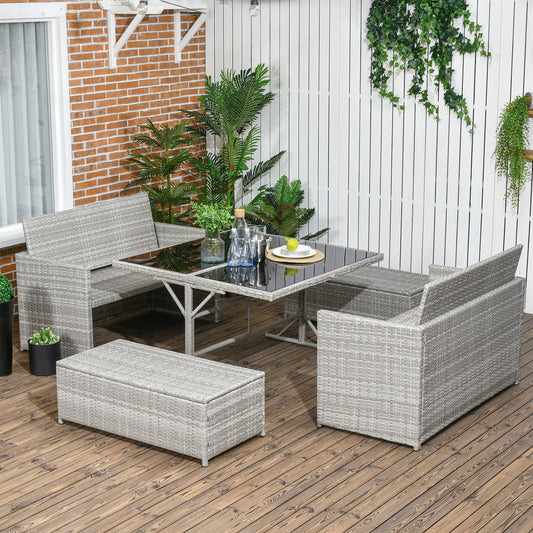 5 Pieces Wicker Patio Dining Set, Conversational Rattan Loveseat Sofa, Ottoman and Dining Table, 6-seater Outdoor Furniture Set with Glass Tabletop and Cushions, Gray - Gallery Canada