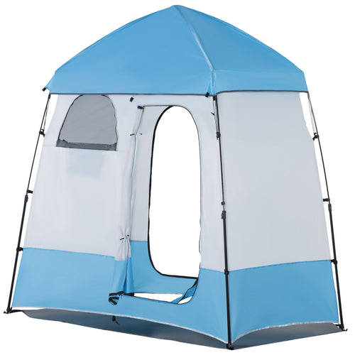 Pop Up Shower Tent, Portable Privacy Shelter for 2 Persons, Changing Room with 2 Windows, 3 Doors, Carrying Bag, Grey and Blue