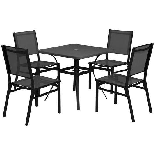 5 Pieces Outdoor Dining Set with Umbrella Hole, Patio Table and Chairs with Steel Top, Breathable Mesh Seat Back - Gallery Canada
