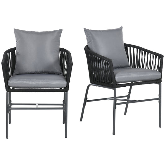 Outdoor Dining Chairs Set of 2 Boho Rope Woven Patio Chairs with Cushions for Balcony, Lawn, Garden, Indoor, Dark Grey - Gallery Canada