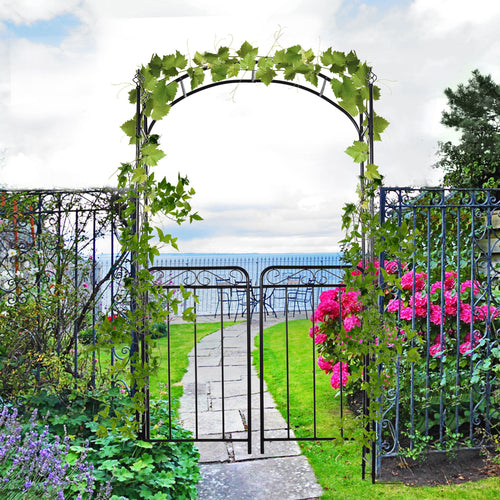 7' Metal Garden Arbor Arch with Scrollwork Doors for Ceremony, Weddings, Party, Backyard, Lawn