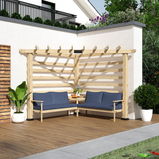 9' x 9' Corner Pergola with Conversation Set and Cushions, Fir Wood Outdoor Pergola with End Table, Natural and Blue - Gallery Canada