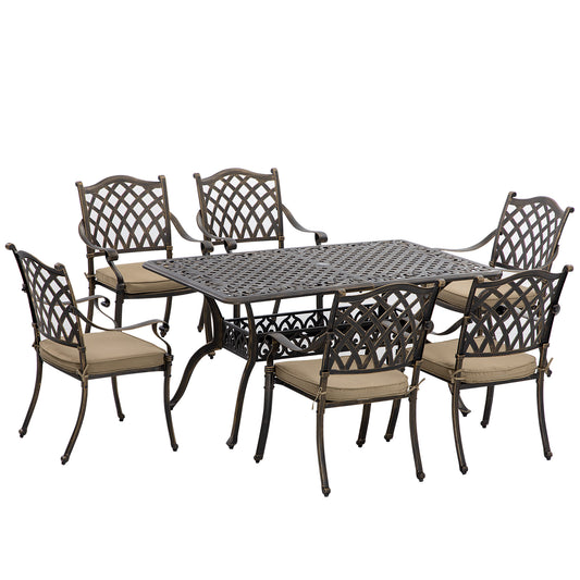 7 Pieces Patio Dining Set with Umbrella Hole, Cast Aluminum Outdoor Patio Furniture Set with 6 Cushioned Chairs and Rectangle Dining Table, for Garden, Lawn, Deck, Khaki - Gallery Canada