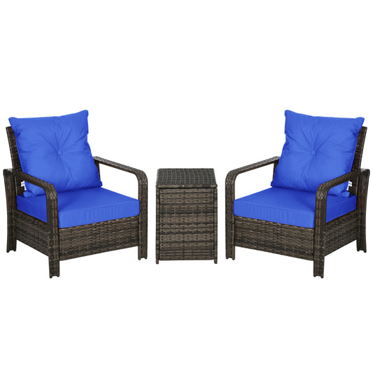 3 Pieces Patio Bistro Set with 2 Padded Chairs and 1 Storage Side Table, PE Rattan Garden Sofa Set with Removable Cushion Cover, Blue - Gallery Canada