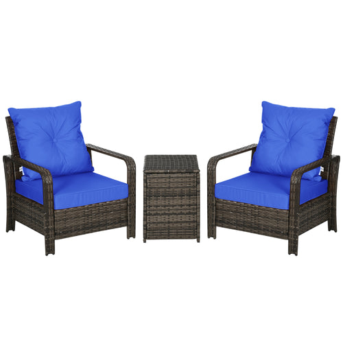3 Pieces Patio Bistro Set with 2 Padded Chairs and 1 Storage Side Table, PE Rattan Garden Sofa Set with Removable Cushion Cover, Blue