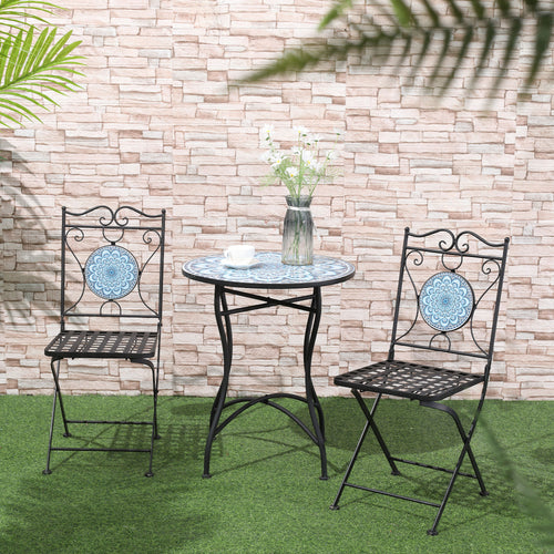 3-Piece Outdoor Bistro Set Garden Coffee Table Set with Mosaic Top for Patio, Balcony, Poolside, Black
