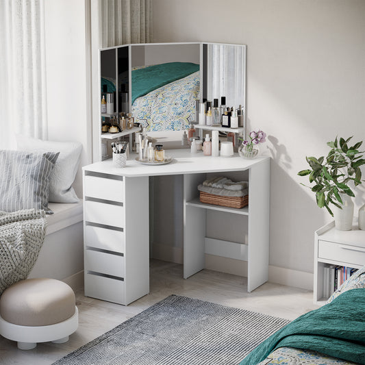 Corner Dressing Table, Makeup Desk with Tri-Fold Mirror and 5 Drawers, White - Gallery Canada