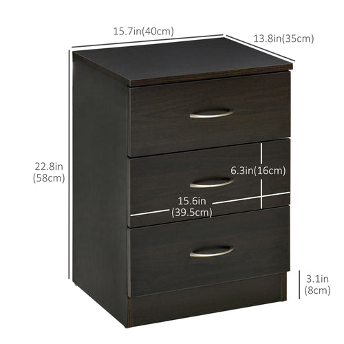 Bedside Table, Modern Night Stand with 3 Drawers and Metal Rail for Bedroom, Dark Brown