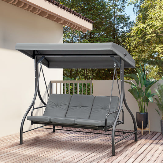 Convertible Patio Swing Bed with Canopy and Cushions, 3 Seater Porch Swing for Outdoor, Backyard, Garden, Dark Grey - Gallery Canada
