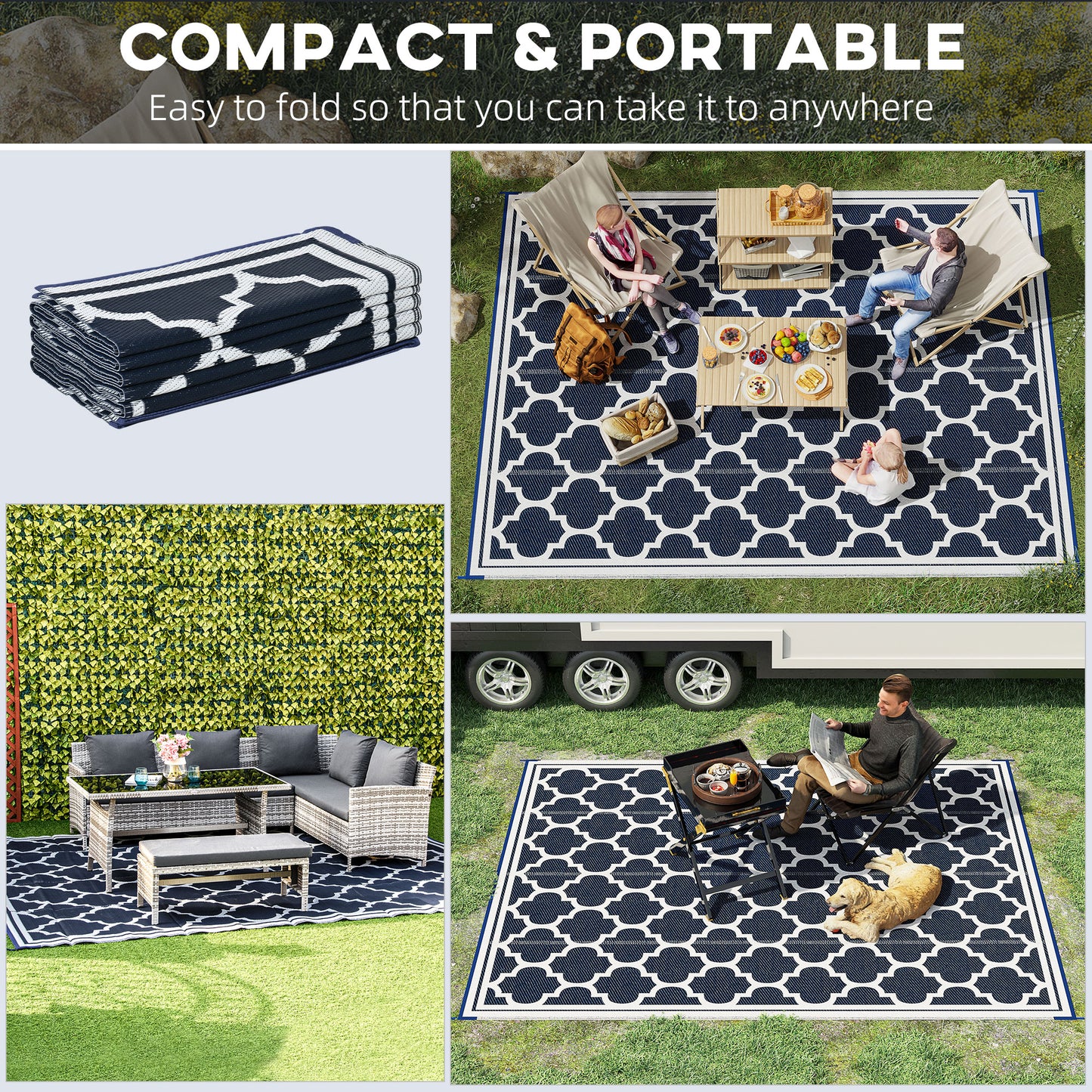 9'x12' Reversible Outdoor RV Rug, Patio Floor Mat, Plastic Straw Rug for Backyard, Deck, Beach, Camping, Dark Blue - Gallery Canada