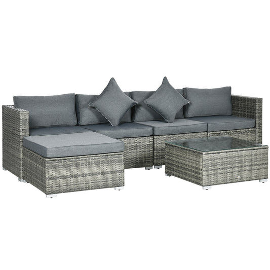 6 Pieces Outdoor PE Rattan Wicker Patio Furniture Sofa Set with Thick Cushions, Deluxe Garden Sectional Couch with Glass Top Table, Mixed Grey and Dark Grey - Gallery Canada