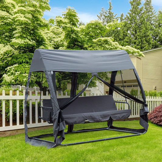3-Seat Outdoor Swing Chair, Porch Swing, Chaise Lounger Bed, Garden Hammock, Converting Flat Bed with Heavy-Duty Steel Stand, Canopy and Netting Walls, Grey - Gallery Canada
