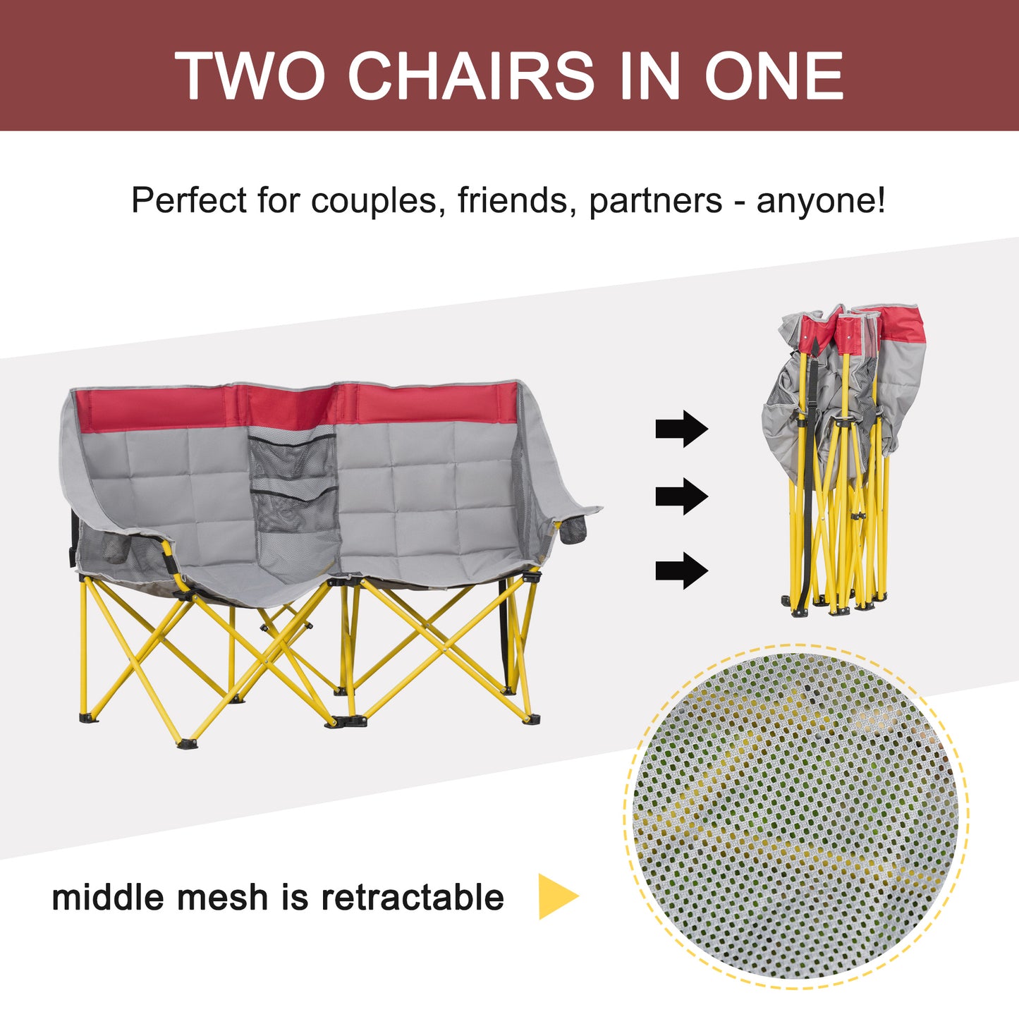 Double Seat Camping Chair Folding Lawn Loveseat w/ Storage Pocket &; Cup Holder Compact and Sturdy in a Bag for Outdoor, Beach, Picnic, Hiking, Travel, Red - Gallery Canada
