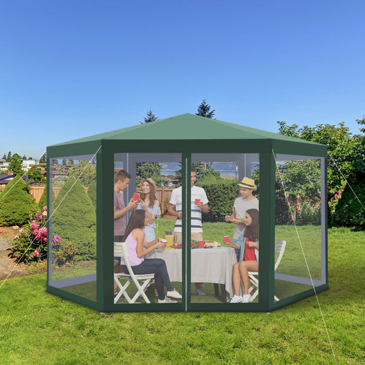 Φ13' Hexagon Party Tent Patio Gazebo Outdoor Activity Event Canopy Quick Sun Shelter Pavilion with Netting Mesh Sidewall Green - Gallery Canada