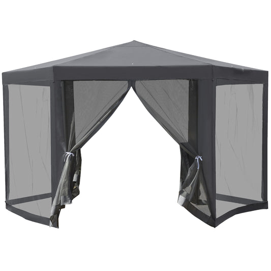 Φ13' Hexagon Party Tent Patio Gazebo Outdoor Activity Event Canopy Quick Sun Shelter Pavilion with Netting Mesh Sidewall Dark Grey - Gallery Canada