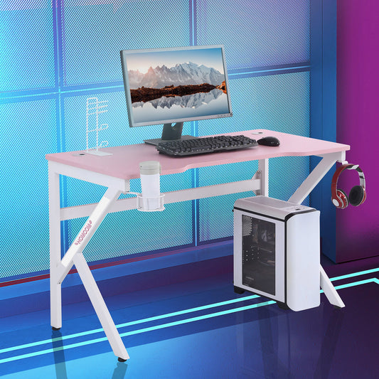 47 inch Gaming Desk, Racing Style Computer Table, Home Office Workstation with Rotatable Cup Holder, Headphone Hook, Gamepad Stand, Wire Port, Pink - Gallery Canada